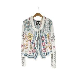 Johnny Was Biya Embroidered Sweater Cardigan Boho Hippie Maximalist Floral M
